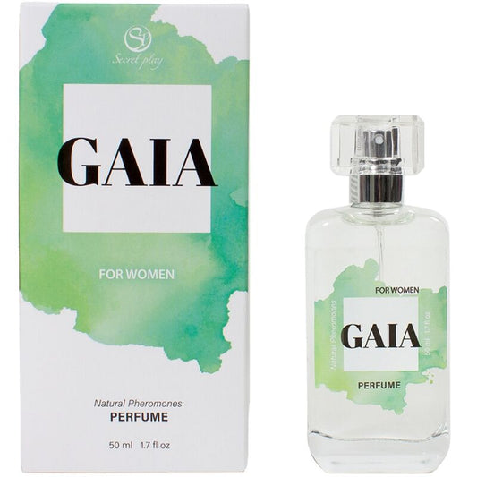 Frasco de perfume SECRETPLAY Gaia com feromonas naturais para mulheres, 50ml, exibindo design elegante e sedutor.