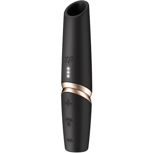 Satisfyer Estimulador Clitoriano Perfect Kiss Wave nas cores preto e dourado, destacando seu design ergonômico e bico de sucção.