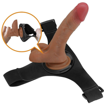 Close-up da Calcinha Universal PRETTY LOVE com Dildo Vibratório e Squirting 15,5 CM Mulato, mostrando o design realista e o arnês ajustável.