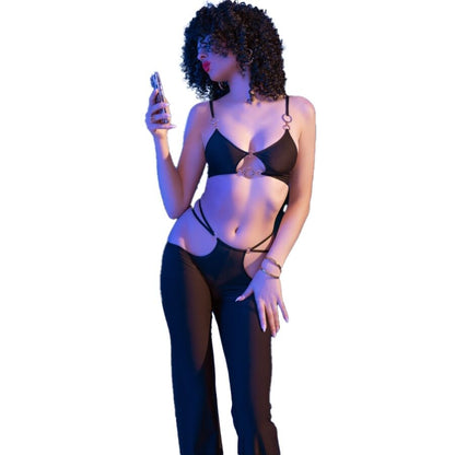 CHILIROSE Conjunto de Top y Legging Negro Sensual con Detalles Dorados