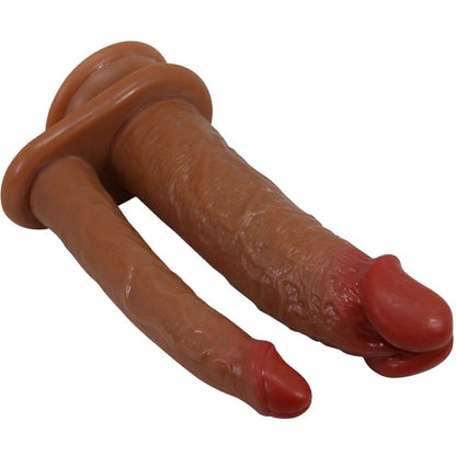 Close-up of the PRETTY LOVE Dildo Duplo Realista com Vibração Mulato, showing its realistic texture and dual design.