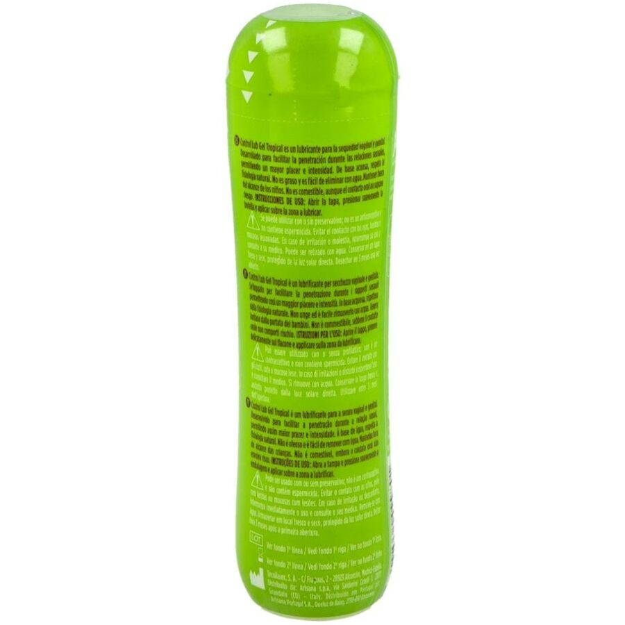 Imagem do CONTROL Gel Lubrificante Tropical 75 ML, embalagem e textura do produto.