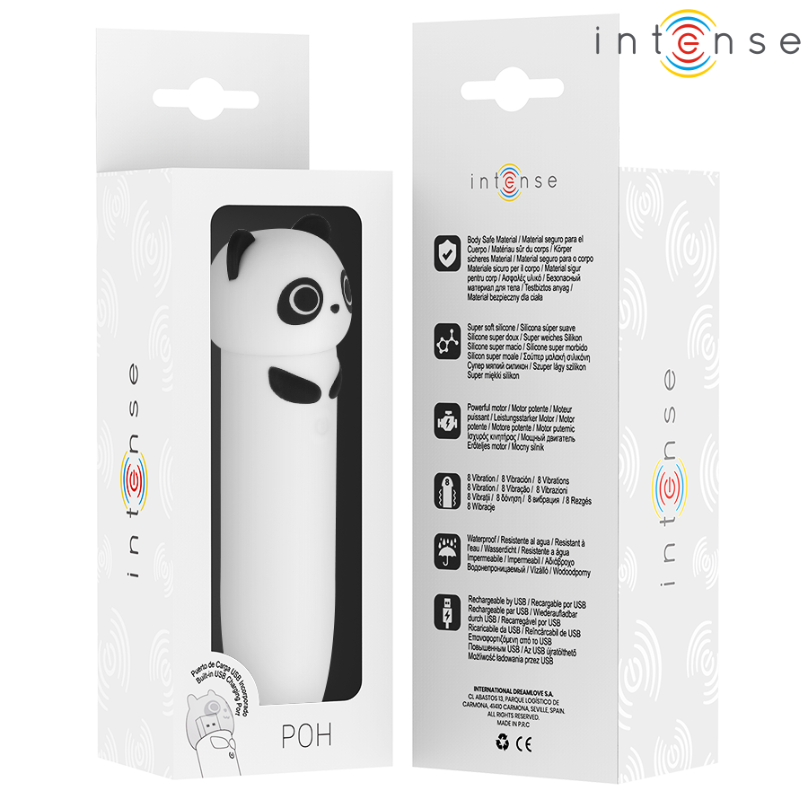 Close-up da Bala Vibratória INTENSE POH Panda USB Recarregável 10 x 2,2 CM, mostrando seu design fofo e material de silicone.