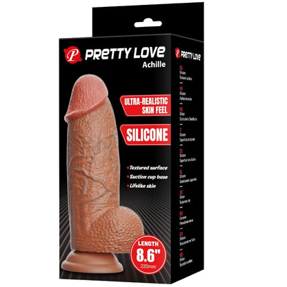 Close-up of the PRETTY LOVE Dildo Achille Ultra Realista 22 CM, showing its realistic skin texture and shape and suction cup base.