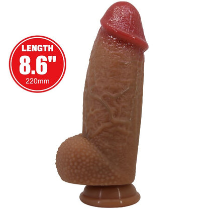 Close-up of the PRETTY LOVE Dildo Achille Ultra Realista 22 CM, showing its realistic skin texture and shape and suction cup base.