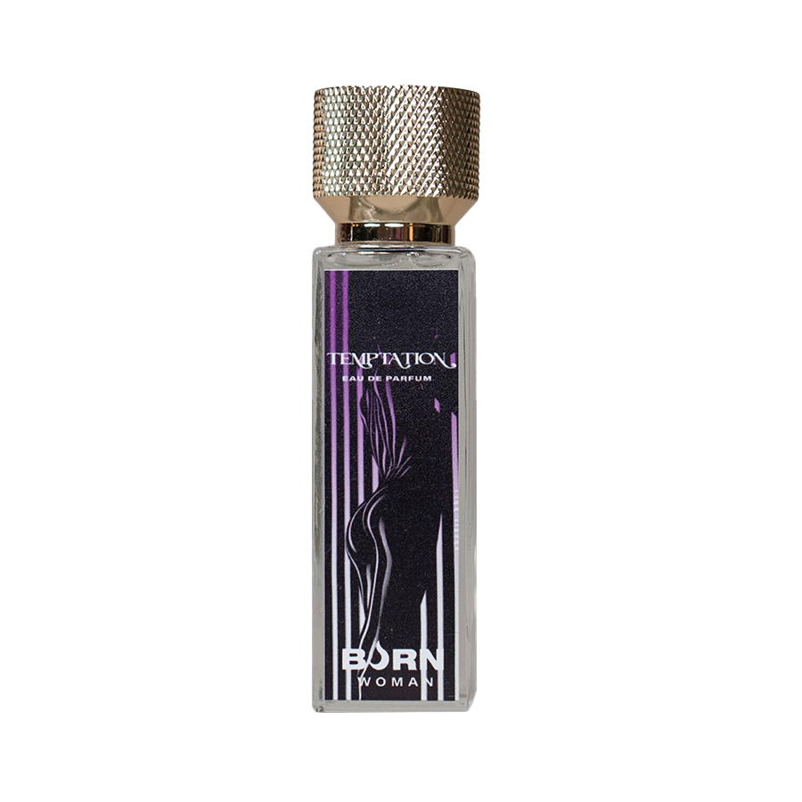 Frasco do Perfume Feminino BURN Tentação 20ml, destacando seu design elegante e tamanho compacto.