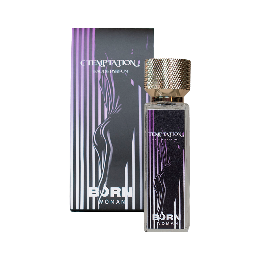 Frasco do Perfume Feminino BURN Tentação 20ml, destacando seu design elegante e tamanho compacto.