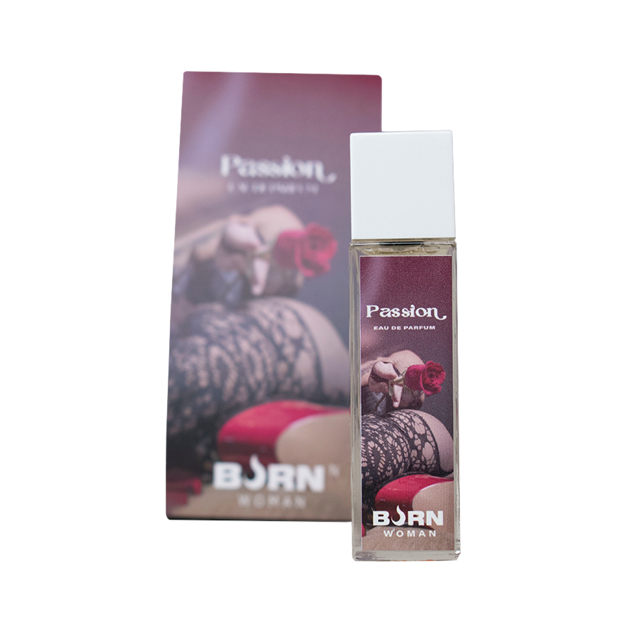 Frasco de perfume BURN Feminino Passion 20 ML com detalhes do design elegante.