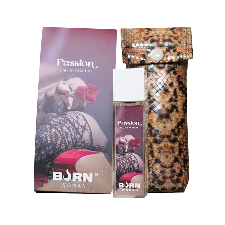 Frasco de perfume BURN Feminino Passion 20 ML com detalhes do design elegante.
