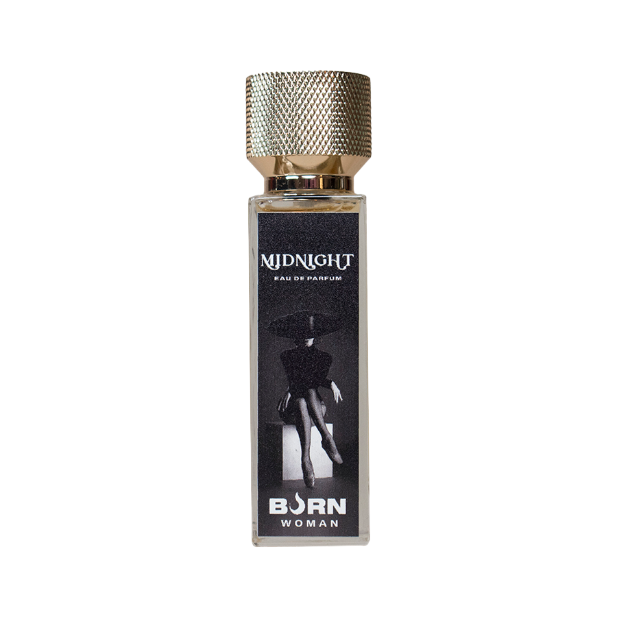 Close-up of the 'BURN Perfume Feminino Midnight 20 ML' bottle, showcasing its elegant design.