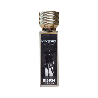 Close-up of the 'BURN Perfume Feminino Midnight 20 ML' bottle, showcasing its elegant design.