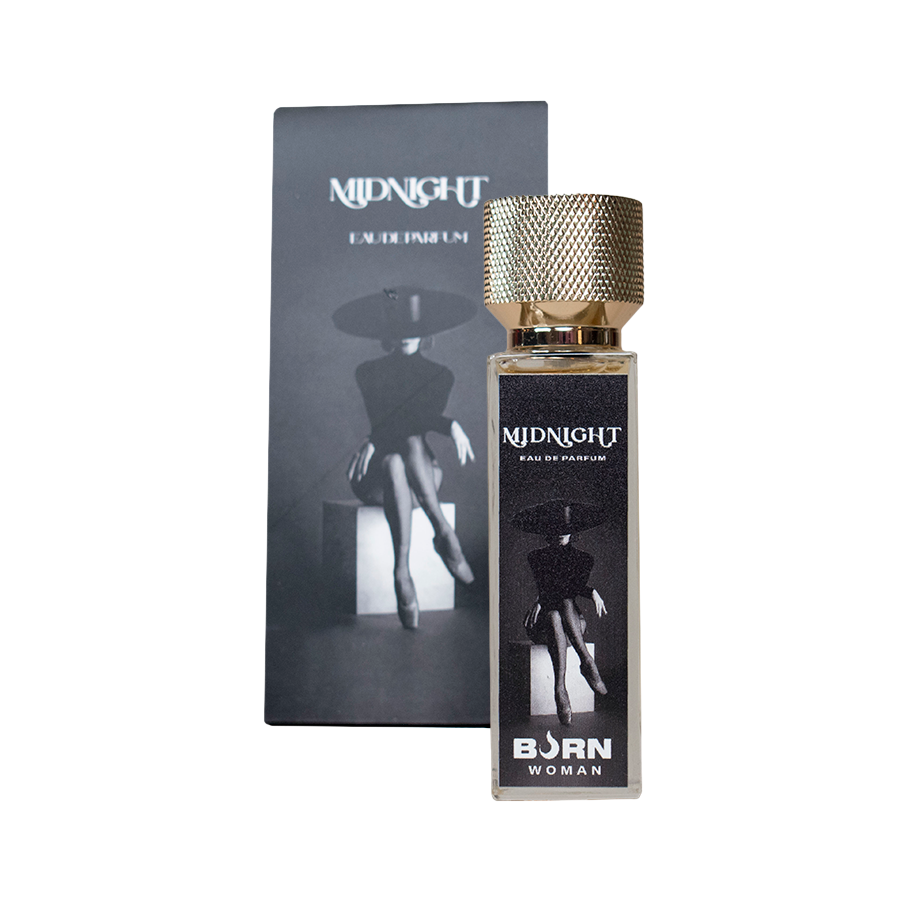 Close-up of the 'BURN Perfume Feminino Midnight 20 ML' bottle, showcasing its elegant design.