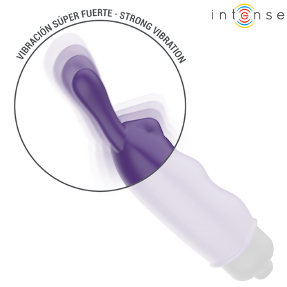 Close-up da Bala Vibratória Mini Mística Roxa INTENSE, mostrando o seu design compacto e silicone aveludado.