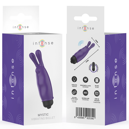 Close-up da Bala Vibratória Mini Mística Roxa INTENSE, mostrando o seu design compacto e silicone aveludado.
