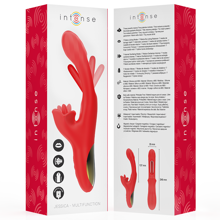 Vibrador multifuncional INTENSE Jessica de silicone vermelho com estimulação de lambida e oscilação