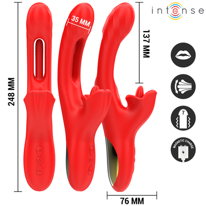 Vibrador multifuncional INTENSE Jessica de silicone vermelho com estimulação de lambida e oscilação