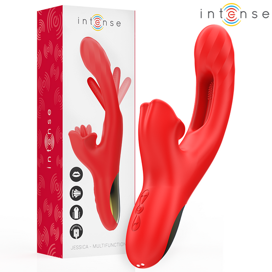 Vibrador multifuncional INTENSE Jessica de silicone vermelho com estimulação de lambida e oscilação