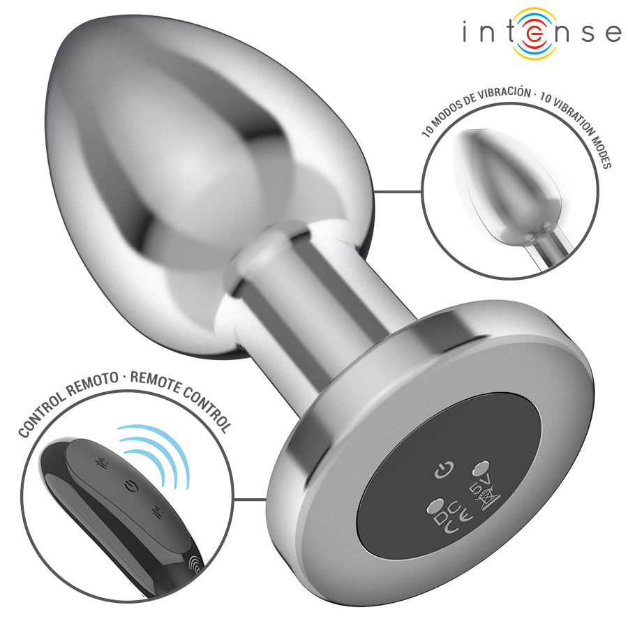 INTENSE Plug Anal Vibratório Metal com Controle Remoto L, design elegante e funcionalidades de prazer.