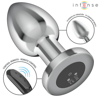 INTENSE Plug Anal Vibratório Metal com Controle Remoto L, design elegante e funcionalidades de prazer.