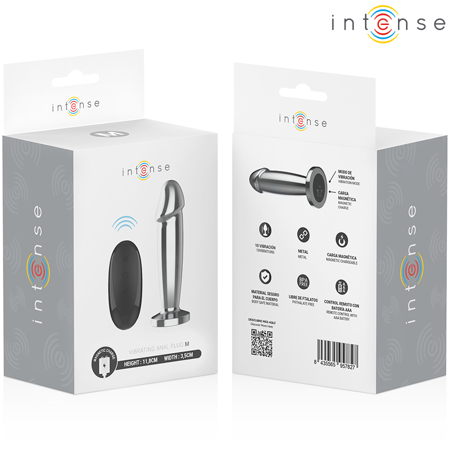 Close-up do INTENSE Plug Anal Vibratório M, destacando o design de metal e controlo remoto.