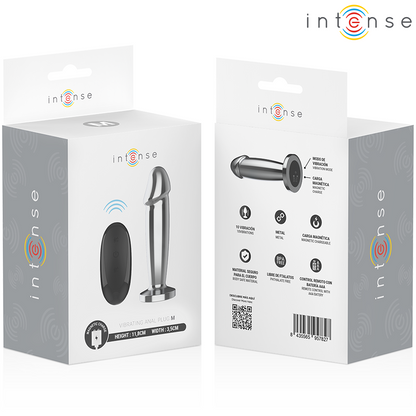 Close-up do INTENSE Plug Anal Vibratório M, destacando o design de metal e controlo remoto.