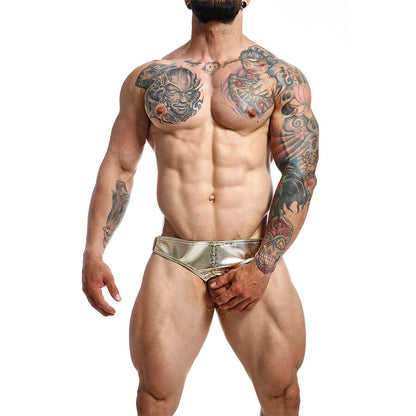 Jockstrap Anel Peniano Dngeon dourado em couro PU e metal, detalhe do design arrojado.