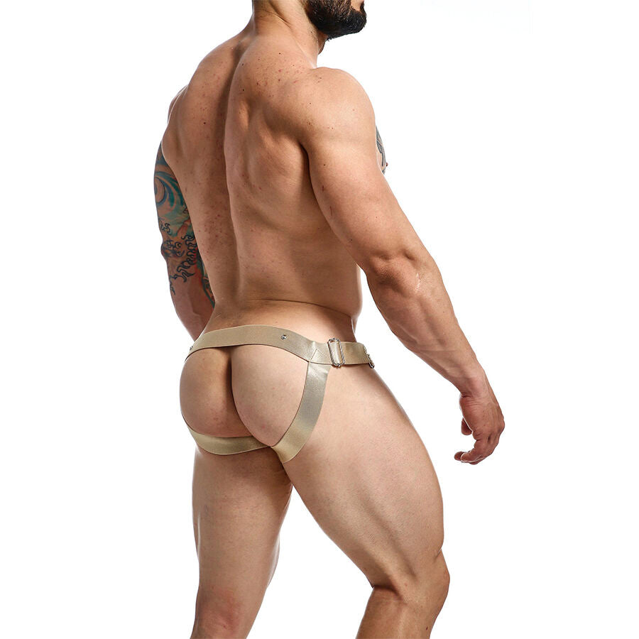 Jockstrap Anel Peniano Dngeon dourado em couro PU e metal, detalhe do design arrojado.