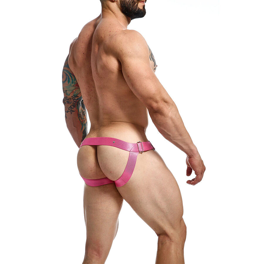 Close-up da Jockstrap Cockring Anel Peniano Dngeon Rosa, realçando o couro PU, tachas metálicas e design único.