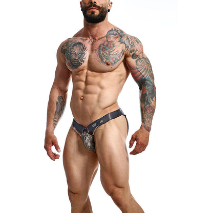 Jockstrap MaleBasics Dngeon Snaps Corrente em couro sintético cinza, exibindo design ousado e detalhes de corrente.