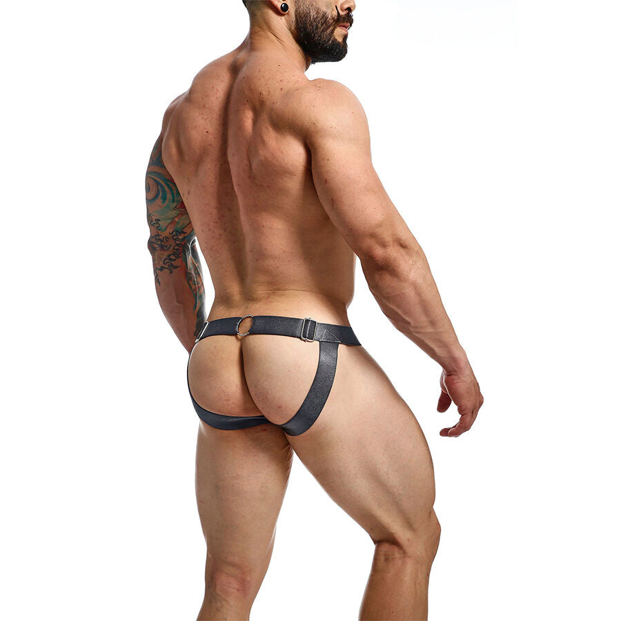 Jockstrap MaleBasics Dngeon Snaps Corrente em couro sintético cinza, exibindo design ousado e detalhes de corrente.
