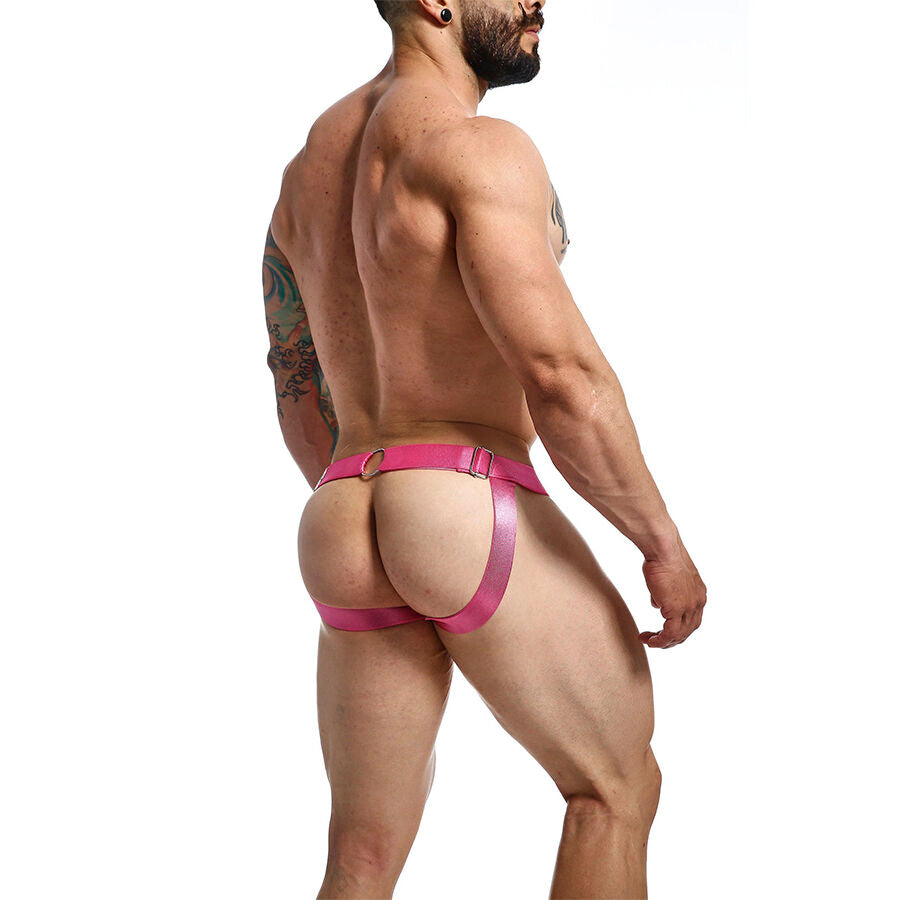 Jockstrap MOB Dngeon de corrente rosa em couro sintético, exibindo seu design moderno e detalhe de corrente.
