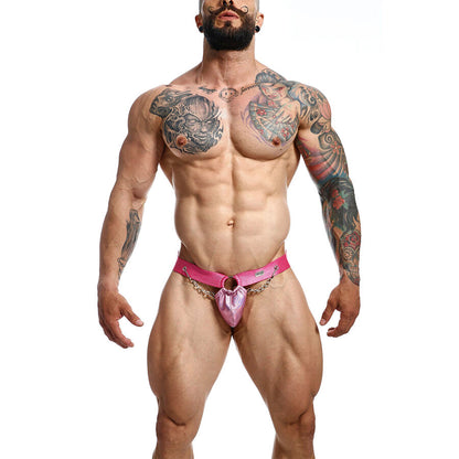 Jockstrap MOB Dngeon de corrente rosa em couro sintético, exibindo seu design moderno e detalhe de corrente.