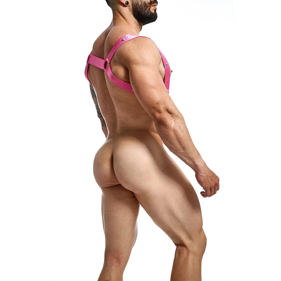 Arnês Elástico DNGEON Pink com design de costas retas em microfibra e anéis de metal, para BDSM.