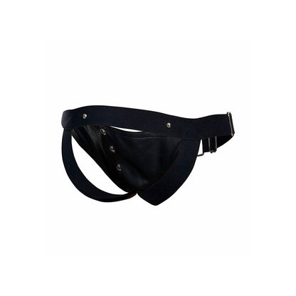 Close-up of the MOB Dengeon Jockstrap com Anel para o Pénis, showing its design and faux leather texture.