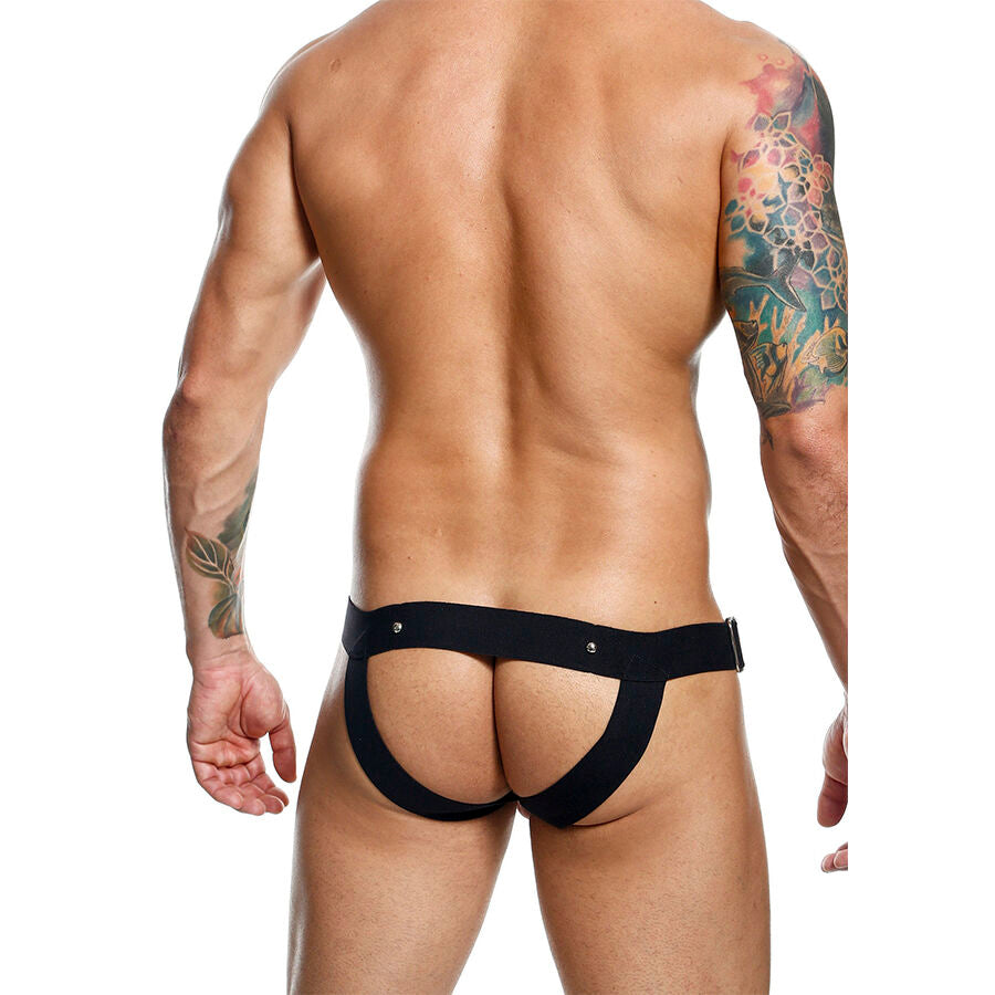 Close-up of the MOB Dengeon Jockstrap com Anel para o Pénis, showing its design and faux leather texture.