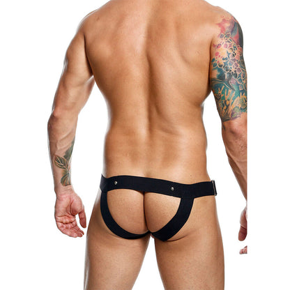 Close-up of the MOB Dengeon Jockstrap com Anel para o Pénis, showing its design and faux leather texture.