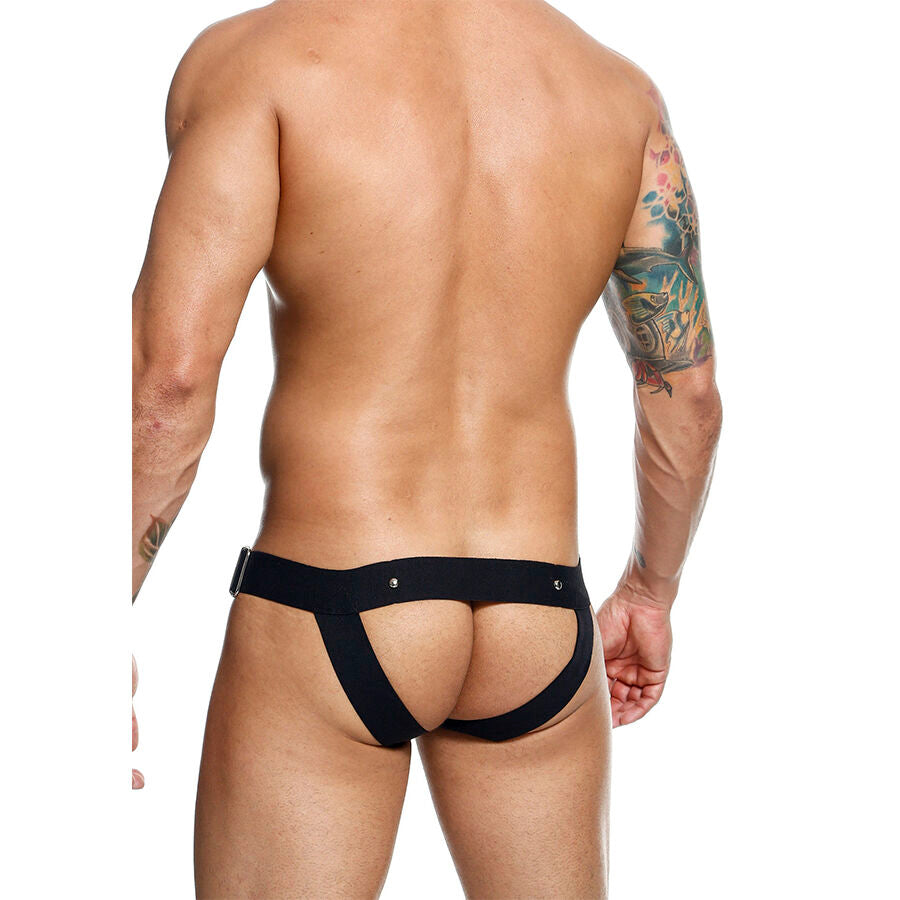 Close-up of the MOB Dengeon Jockstrap com Anel para o Pénis, showing its design and faux leather texture.