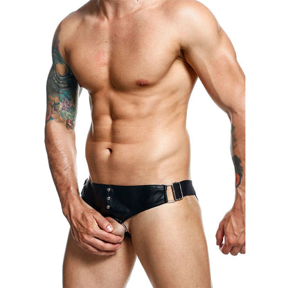 Close-up of the MOB Dengeon Jockstrap com Anel para o Pénis, showing its design and faux leather texture.