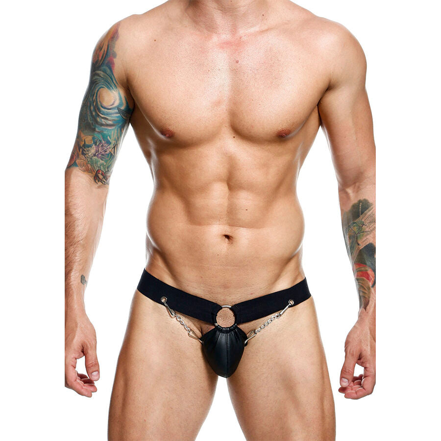 Jockstrap Chainlink MOB em couro sintético preto, mostrando detalhes da corrente e design.