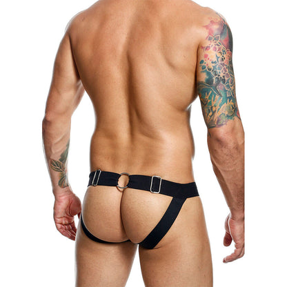 Jockstrap Chainlink MOB em couro sintético preto, mostrando detalhes da corrente e design.