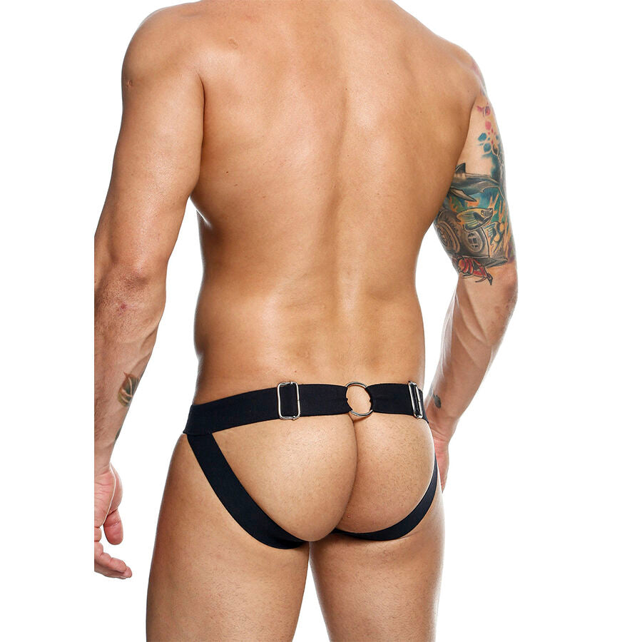 Jockstrap Chainlink MOB em couro sintético preto, mostrando detalhes da corrente e design.