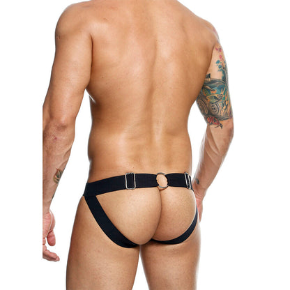 Jockstrap Chainlink MOB em couro sintético preto, mostrando detalhes da corrente e design.