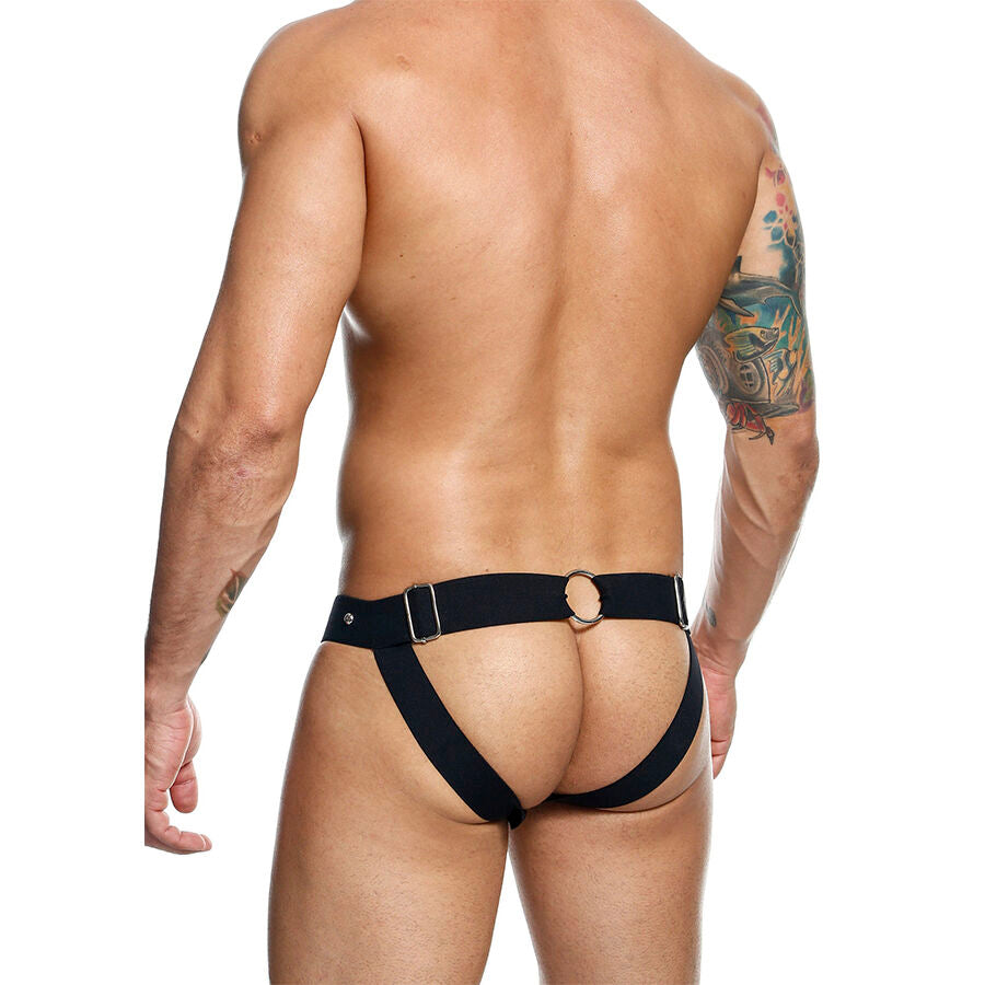 Detalhe da Jockstrap Sportsman Dngeon preta, mostrando o design em couro sintético e a bolsa de suporte.