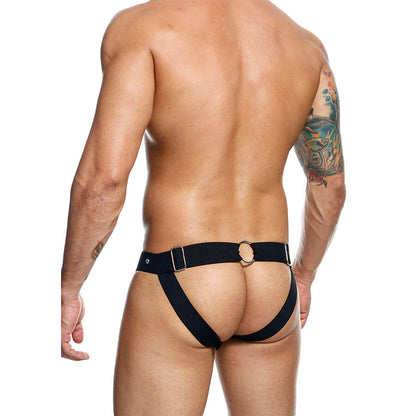 Detalhe da Jockstrap Sportsman Dngeon preta, mostrando o design em couro sintético e a bolsa de suporte.