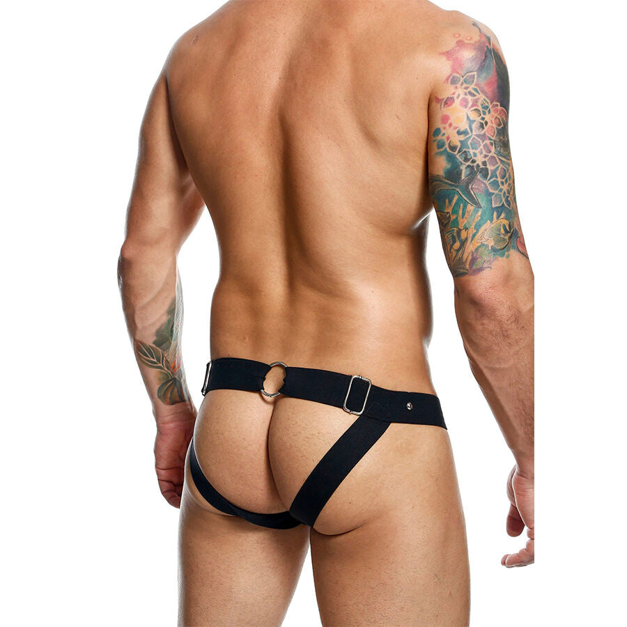 Detalhe da Jockstrap Sportsman Dngeon preta, mostrando o design em couro sintético e a bolsa de suporte.
