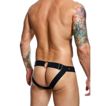 Detalhe da Jockstrap Sportsman Dngeon preta, mostrando o design em couro sintético e a bolsa de suporte.