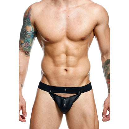 Detalhe da Jockstrap Sportsman Dngeon preta, mostrando o design em couro sintético e a bolsa de suporte.