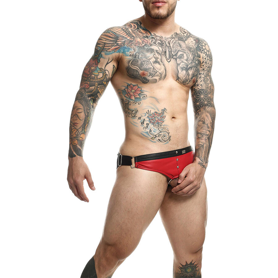 Jockstrap Anel de Pénis MOB DNGEON Vermelho, mostrando o design e material de couro sintético com detalhes em metal.