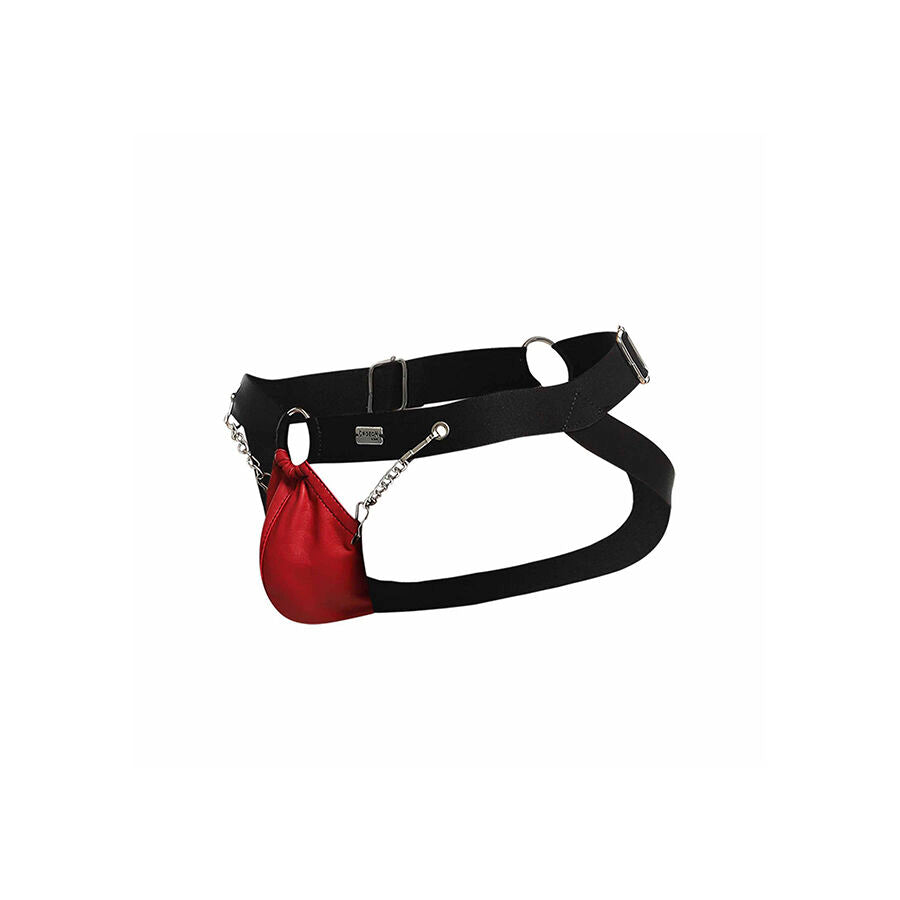 Detalhe do Jockstrap MOB DNGEON Vermelho com Correntes e suporte atlético
