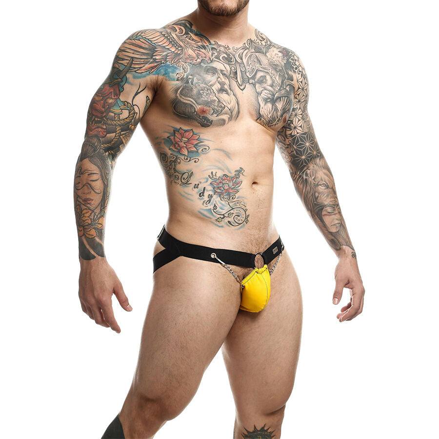 Jockstrap MOB - DNGEON Amarelo com Correntes, destacando o design e os detalhes metálicos.